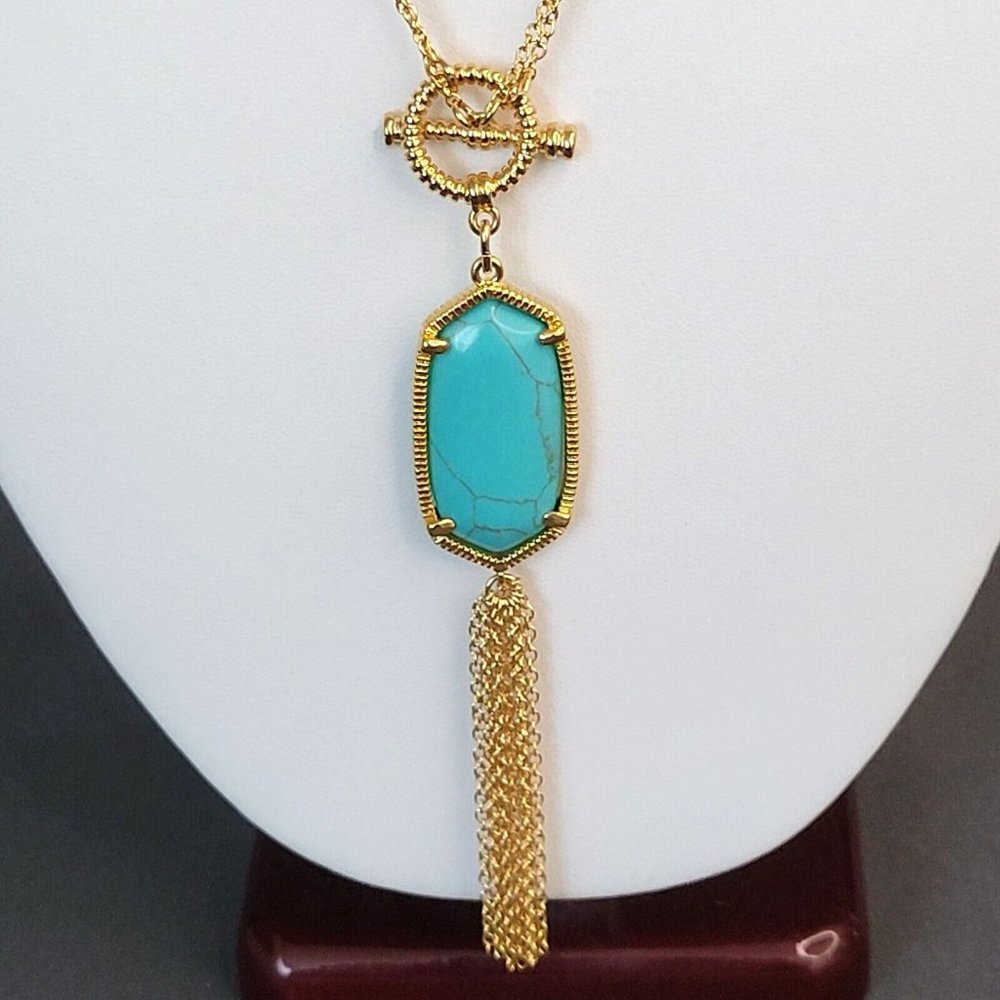 Womens Gold Tone Tasseled Lariat Pendant Necklace Double Strand Blue Stone 16 in - Picture 2 of 8